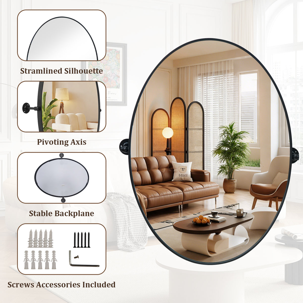 Modern Matte Black Oval Pivot Mirror – Adjustable Tilting Bathroom Vanity Wall Mirror