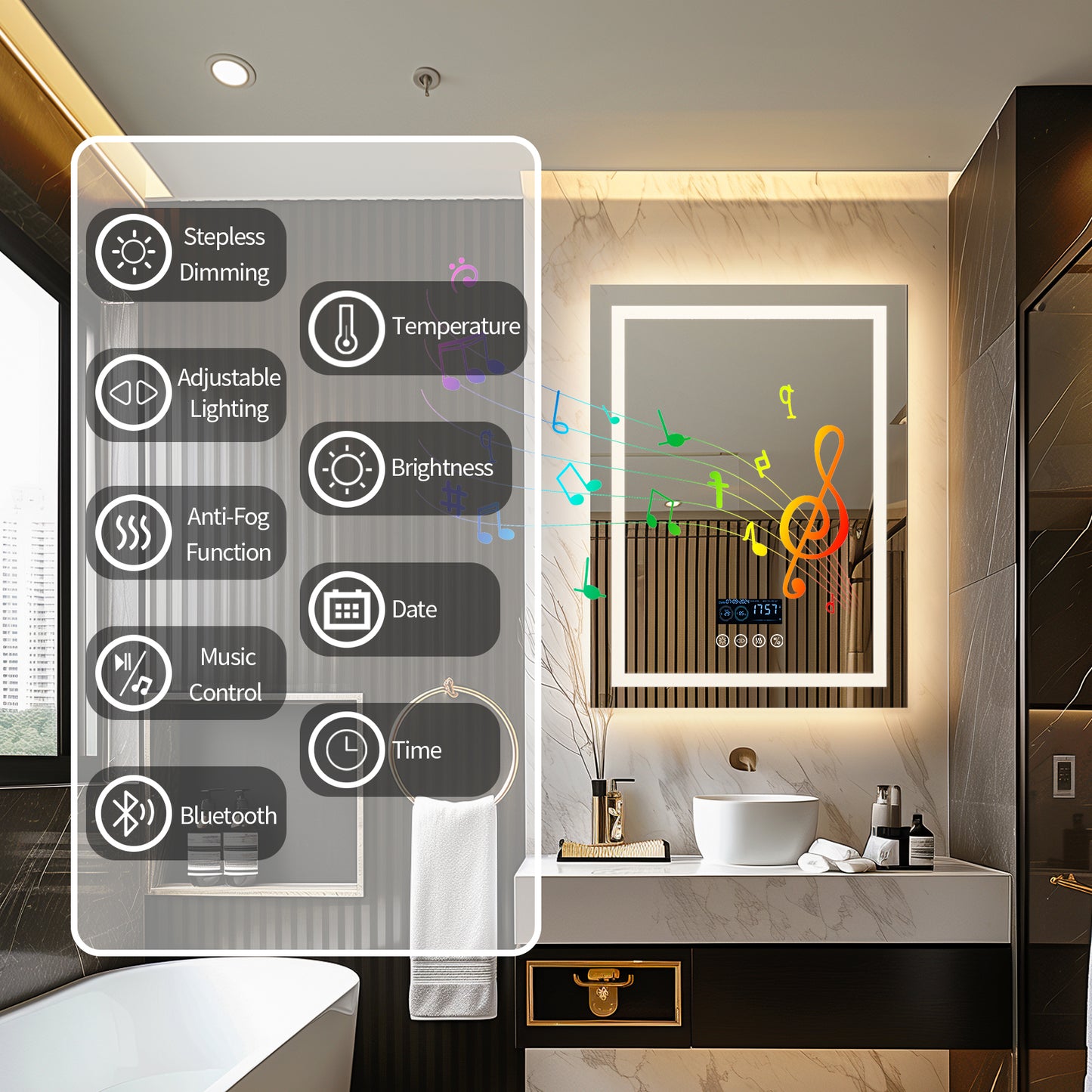 LUVODI LED Bathroom Mirror with Bluethooth Speaker Music Defogging Date & Time Display
