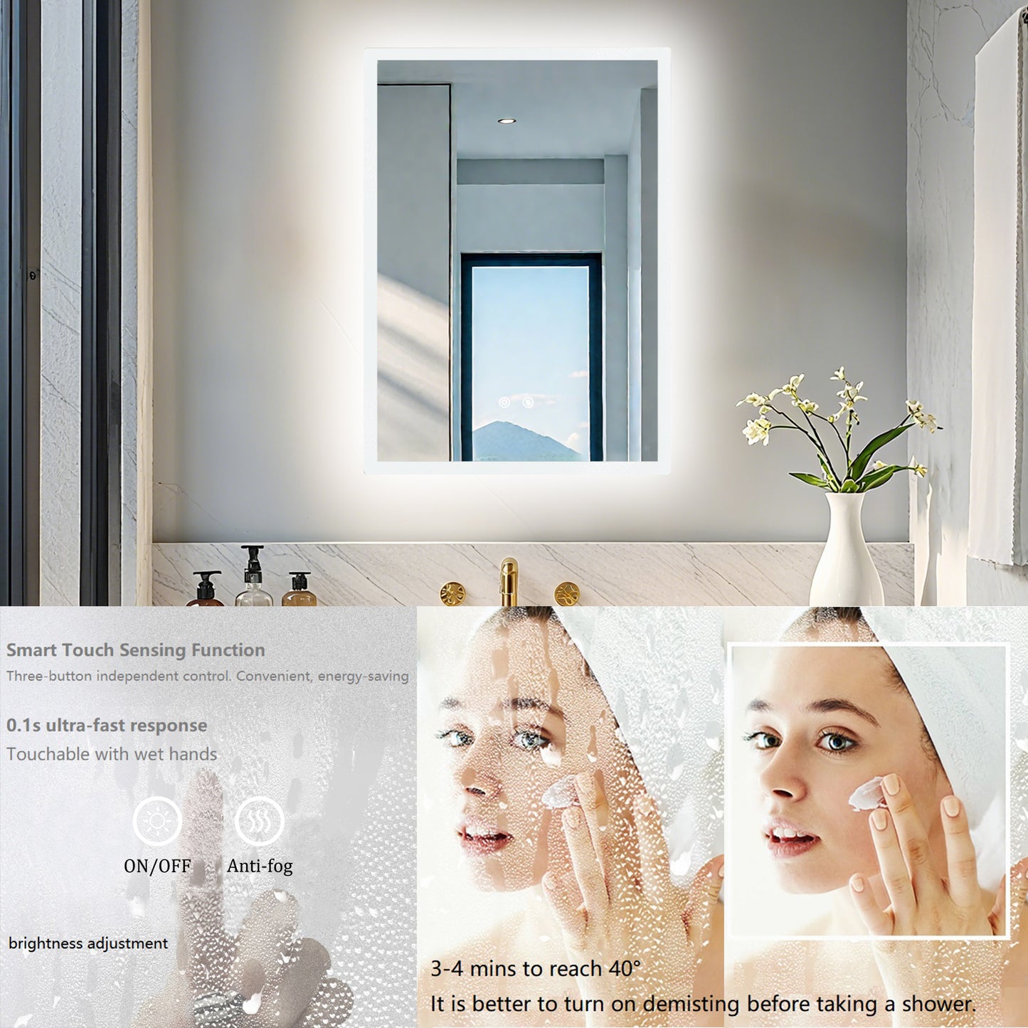 LUVODI Rectangular LED Bathroom Mirror with Lights, 2 Buttons (Glowing Outer Edge)