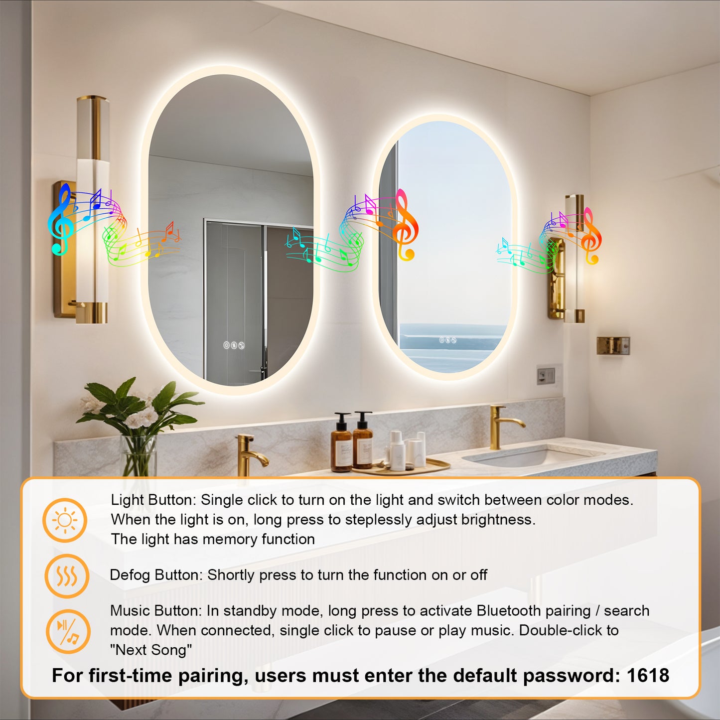 LUVODI Long Oval LED Bathroom Mirror with Bluetooth Speaker, No Display 23.62x35.43 in