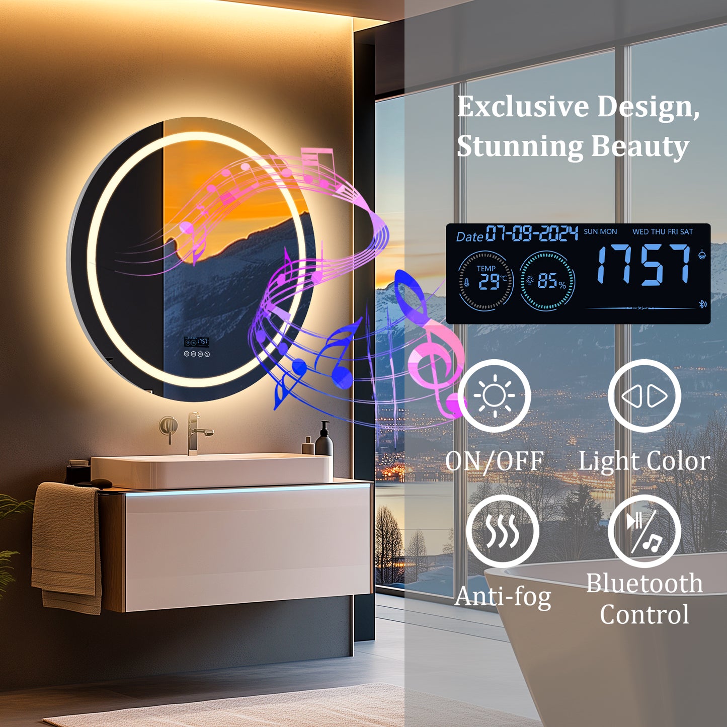 LUVODI Round LED Bluetooth Bathroom Mirror with Smart Display 80x80cm