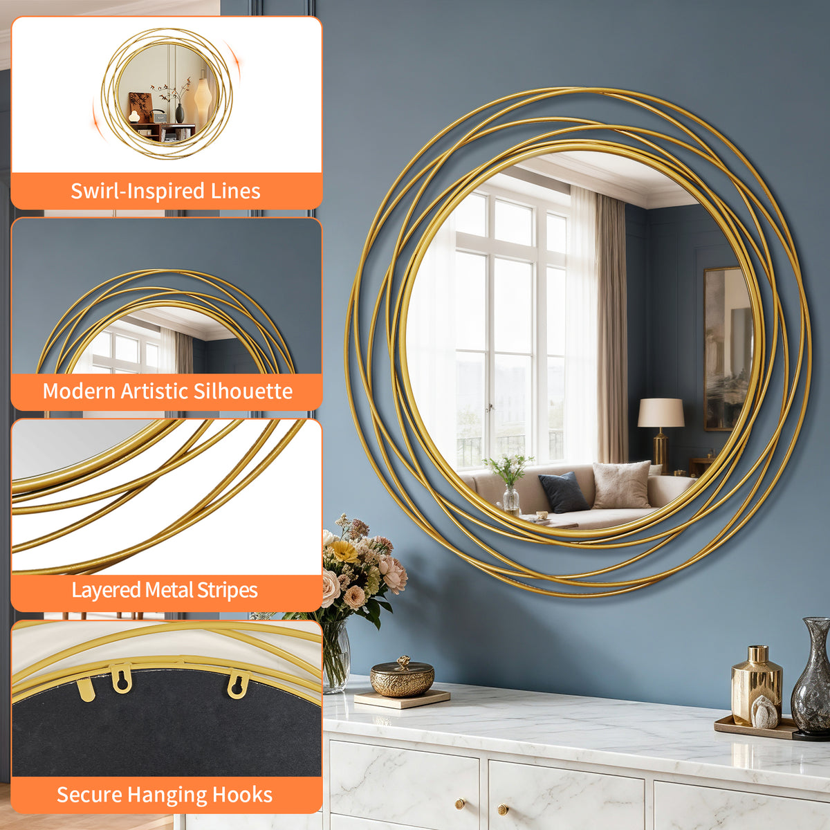 31.5in Large Round Decorative Mirrors, Metal Wire Frame Wall Mirror, Black & Gold