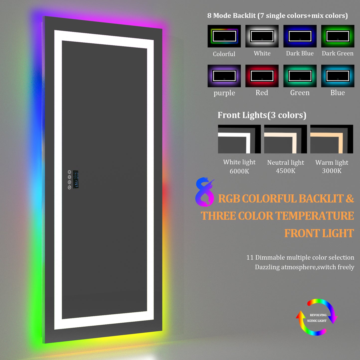 LUVODI Rectangular Bluetooth Bathroom Mirror with RGB Backlit, Smart Display Horizontal Hanging
