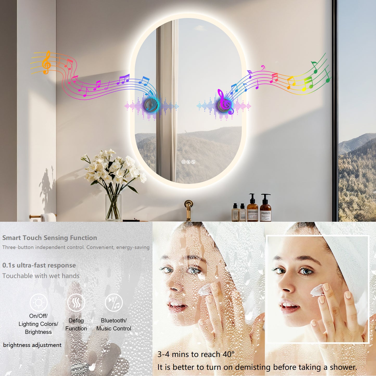 LUVODI Long Oval LED Bathroom Mirror with Bluetooth Speaker, No Display 23.62x35.43 in