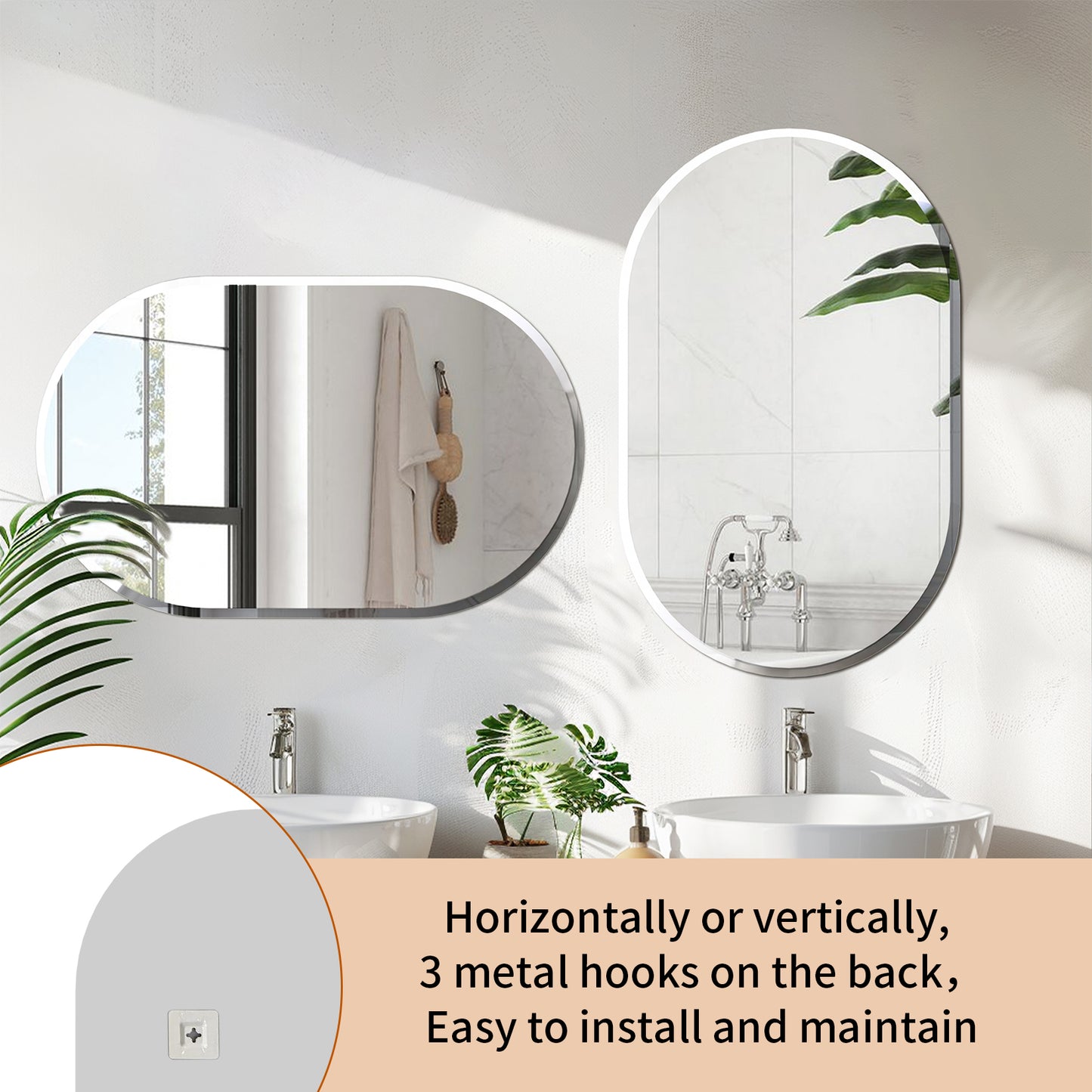 Long Oval Wall Hanging Glass Mirror with Beveled Edge