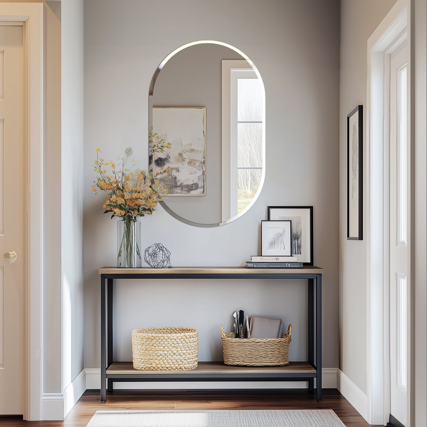 Long Oval Wall Hanging Glass Mirror with Beveled Edge