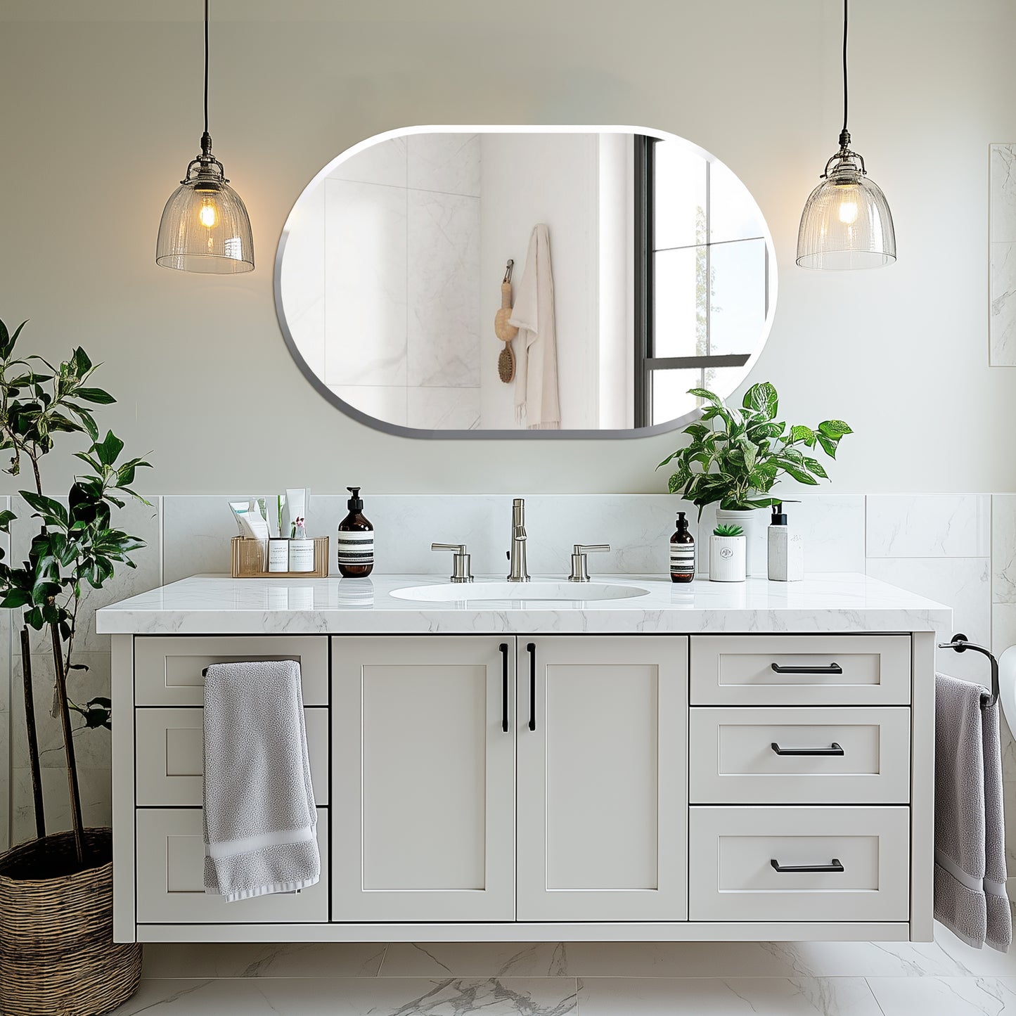 Long Oval Wall Hanging Glass Mirror with Beveled Edge