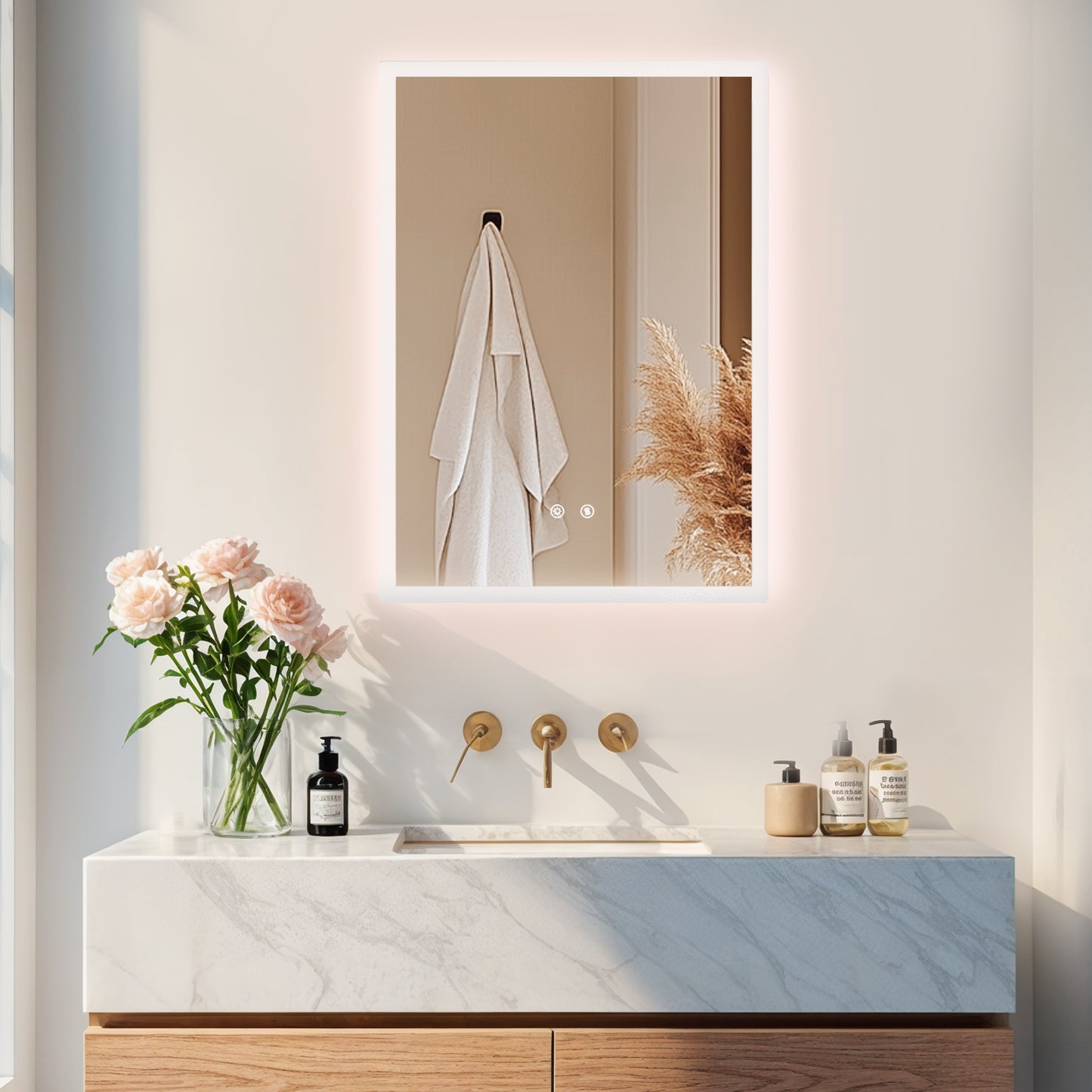 LUVODI Rectangular LED Bathroom Mirror with Lights, 2 Buttons (Glowing Outer Edge)