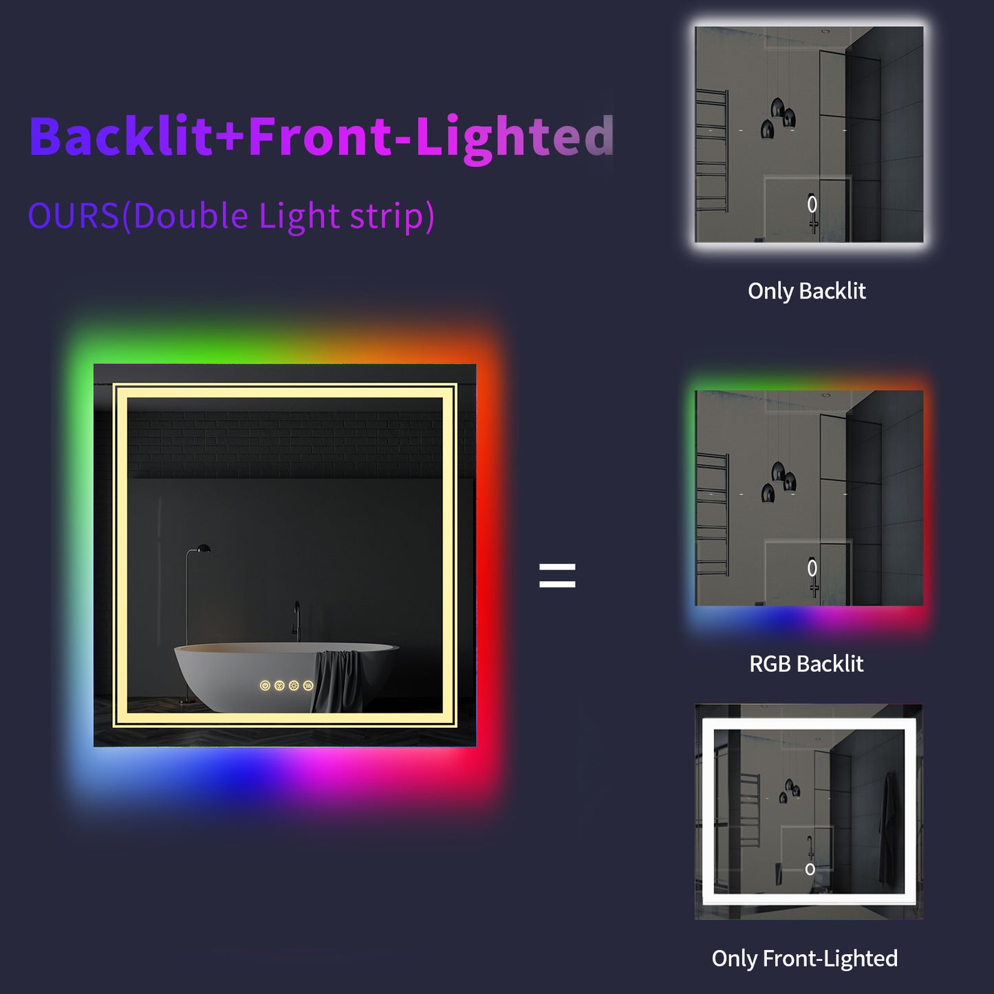 LUVODI 80x80cm Square LED Bathroom Mirror with 8 RGB Backlit 3 Front Light Color Smart Defogging Touch