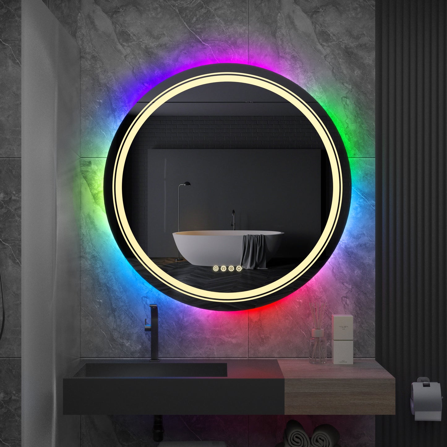LUVODI Round LED Bathroom Mirror with 8 RGB Backlit 3 Front Light Color Smart Defogging Touch