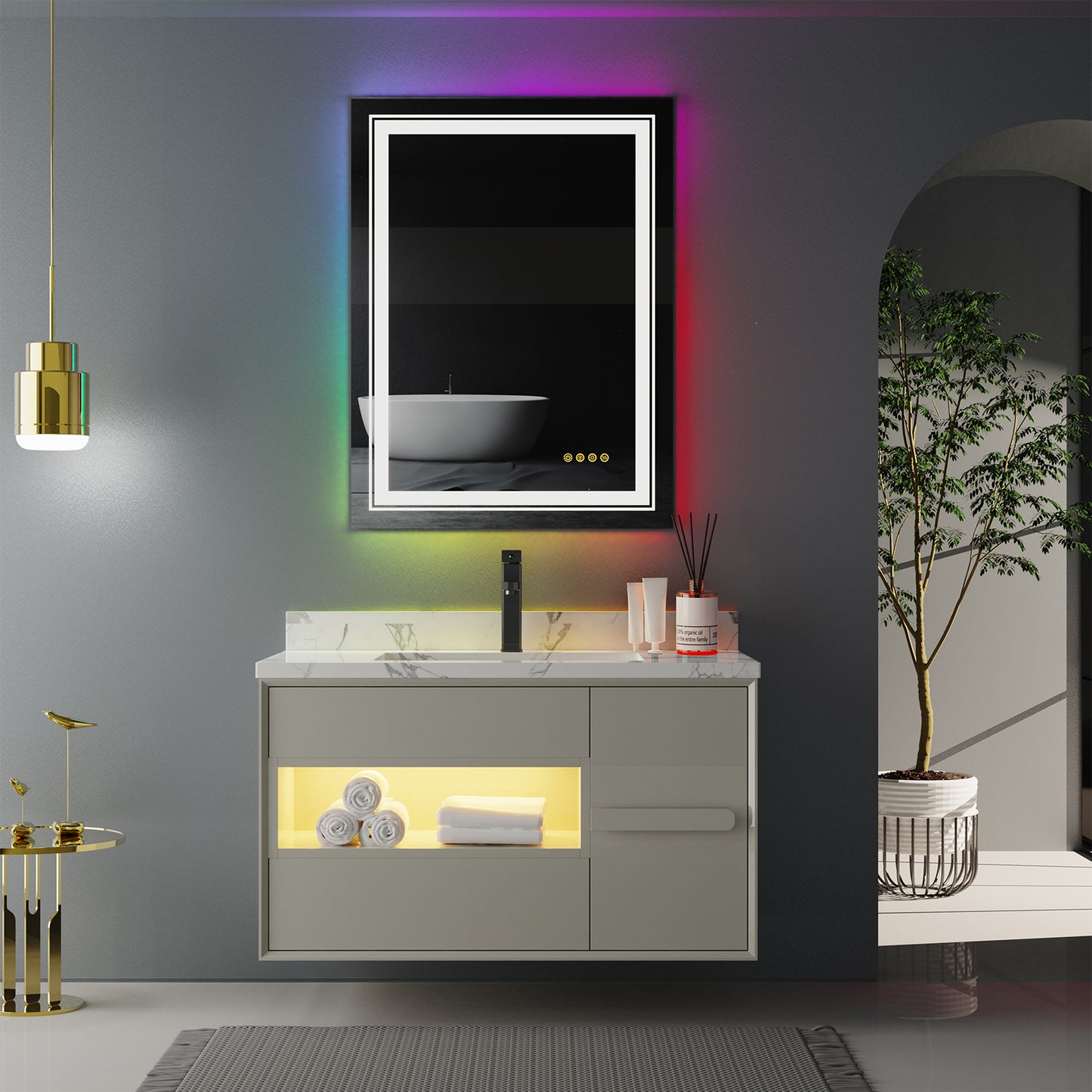 LUVODI Rectangular LED Bathroom Mirror with 8 RGB Backlit 3 Front Light Color Smart Defogging Touch