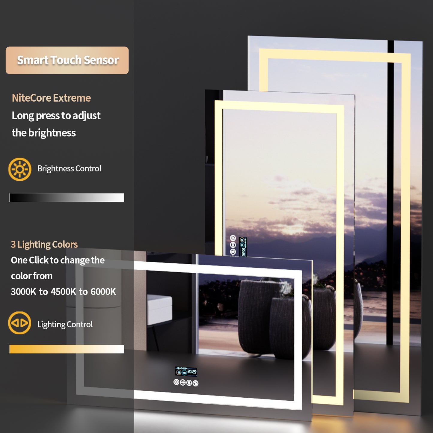 LUVODI LED Rectangular Bluetooth Mirror with Samrt Display Horizontal Hanging