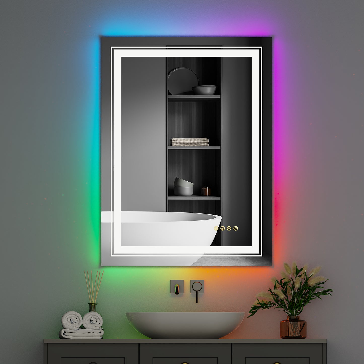 LUVODI Rectangular LED Bathroom Mirror with 8 RGB Backlit 3 Front Light Color Smart Defogging Touch