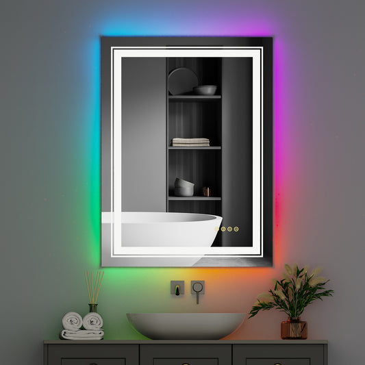 LUVODI Rectangular LED Bathroom Mirror with 8 RGB Backlit 3 Front Light Color Smart Defogging Touch