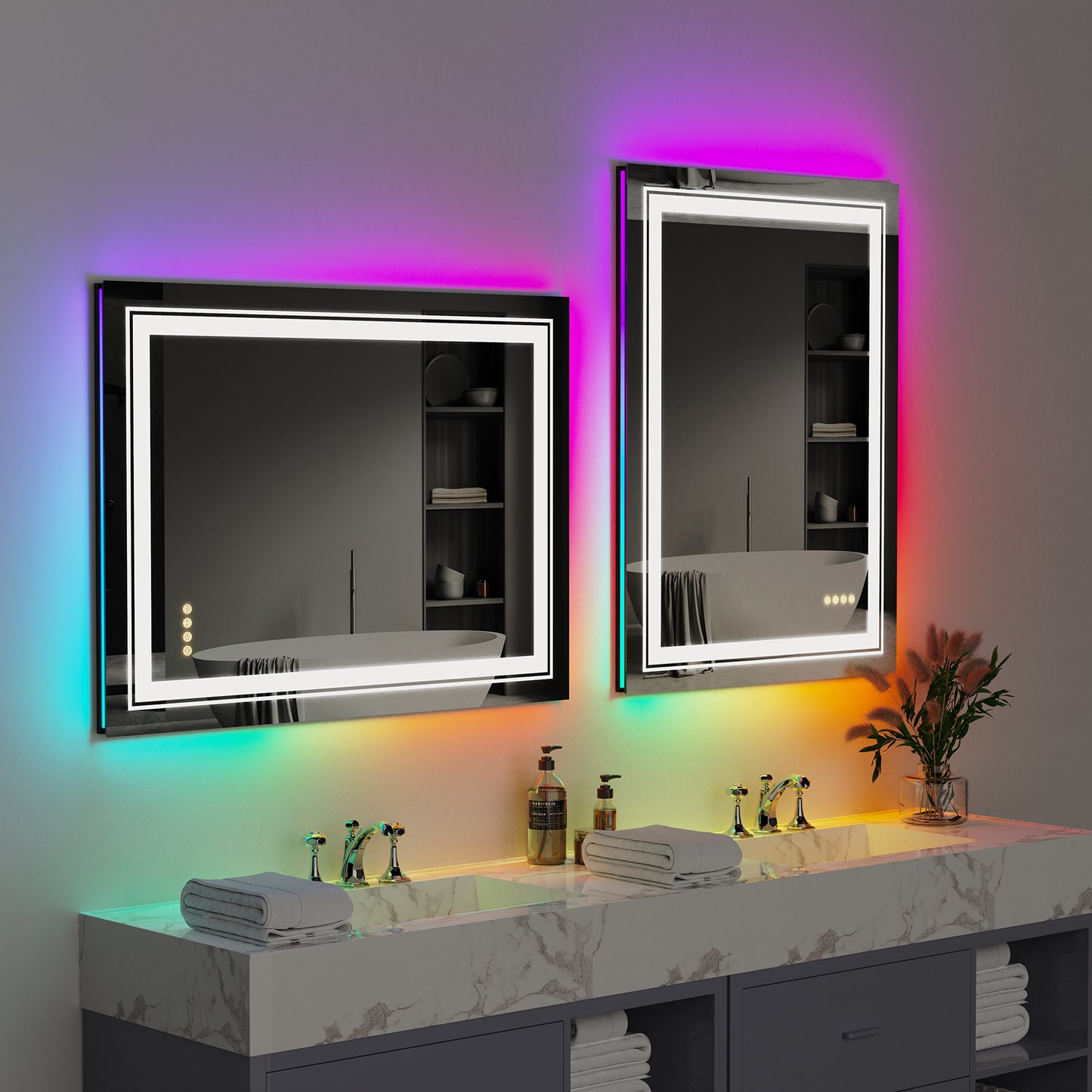 LUVODI Rectangular LED Bathroom Mirror with 8 RGB Backlit 3 Front Light Color Smart Defogging Touch