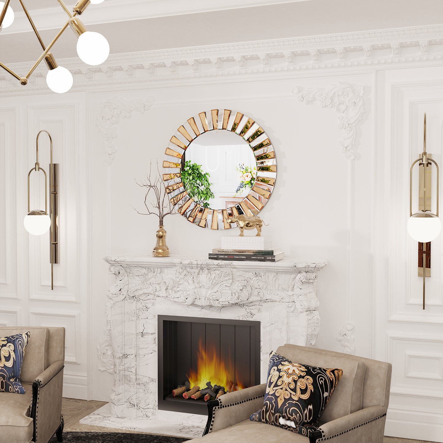Contemporary Decorative Wall Mirror Round Starburst Mirror w/ Glass Beveled Edge for Living Room