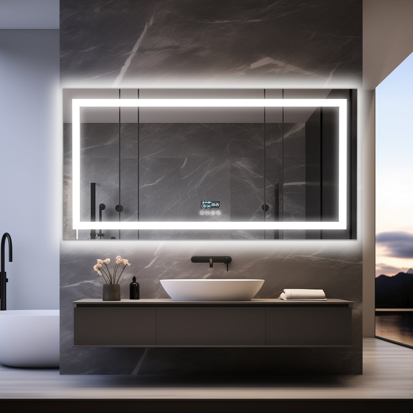 LUVODI LED Rectangular Bluetooth Mirror with Samrt Display Horizontal Hanging
