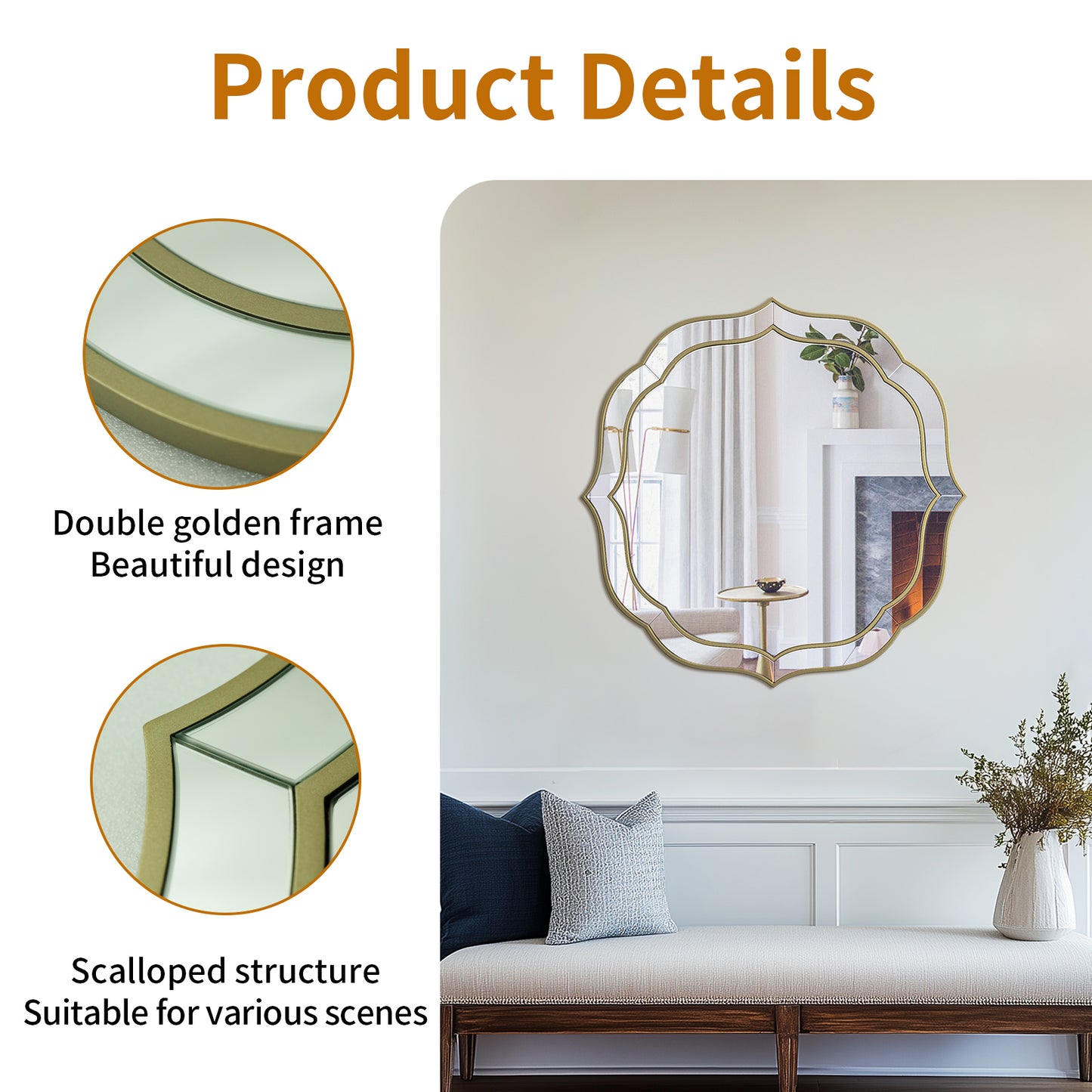 Flower-shaped Silver Glass Wall Decor Mirror Beveled Gold Rim Accent Mirror for Hallway, Living Room