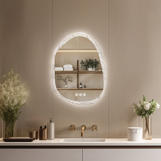LUVODI Irregular Crystal Glass Wall Lighted Bathroom Mirror with Backlit Dimmable LED Vanity Mirror