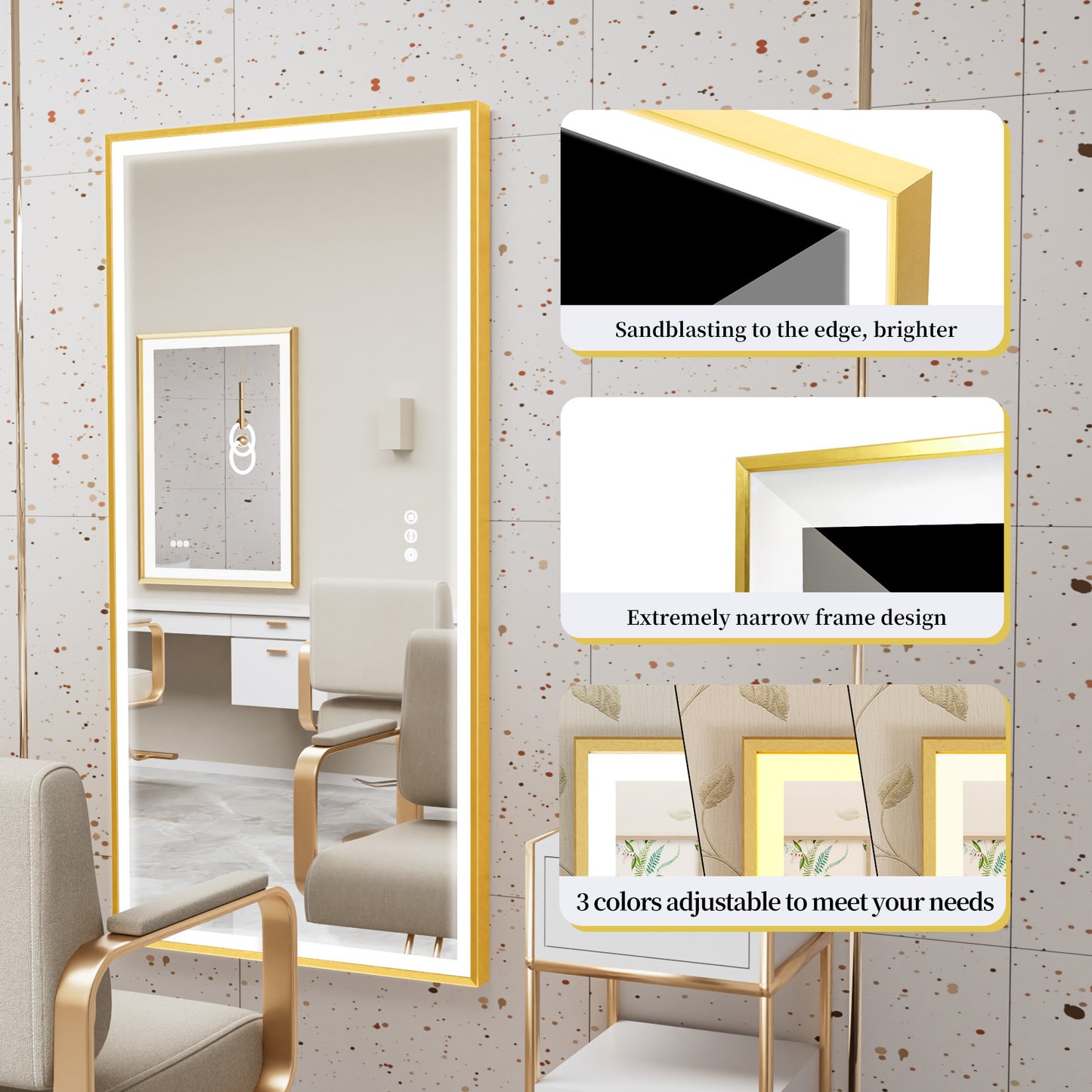 LUVODI Rctangular LED Bathroom Mirror with Gold Aluminum Alloy Narrow Frame Defogging 3 Color