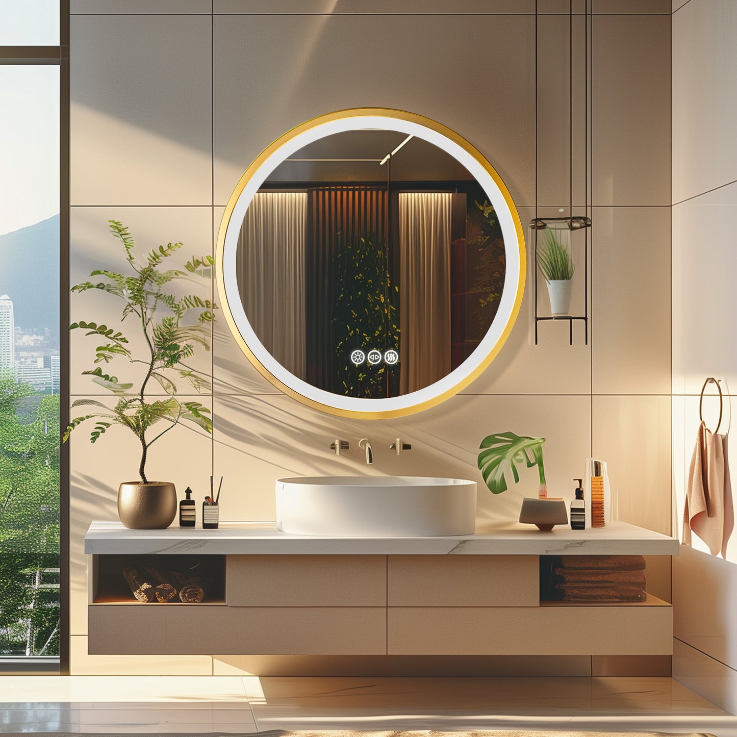 LUVODI Round LED Bathroom Mirror with Gold Aluminum Alloy Frame Sand to the Edge Mirror