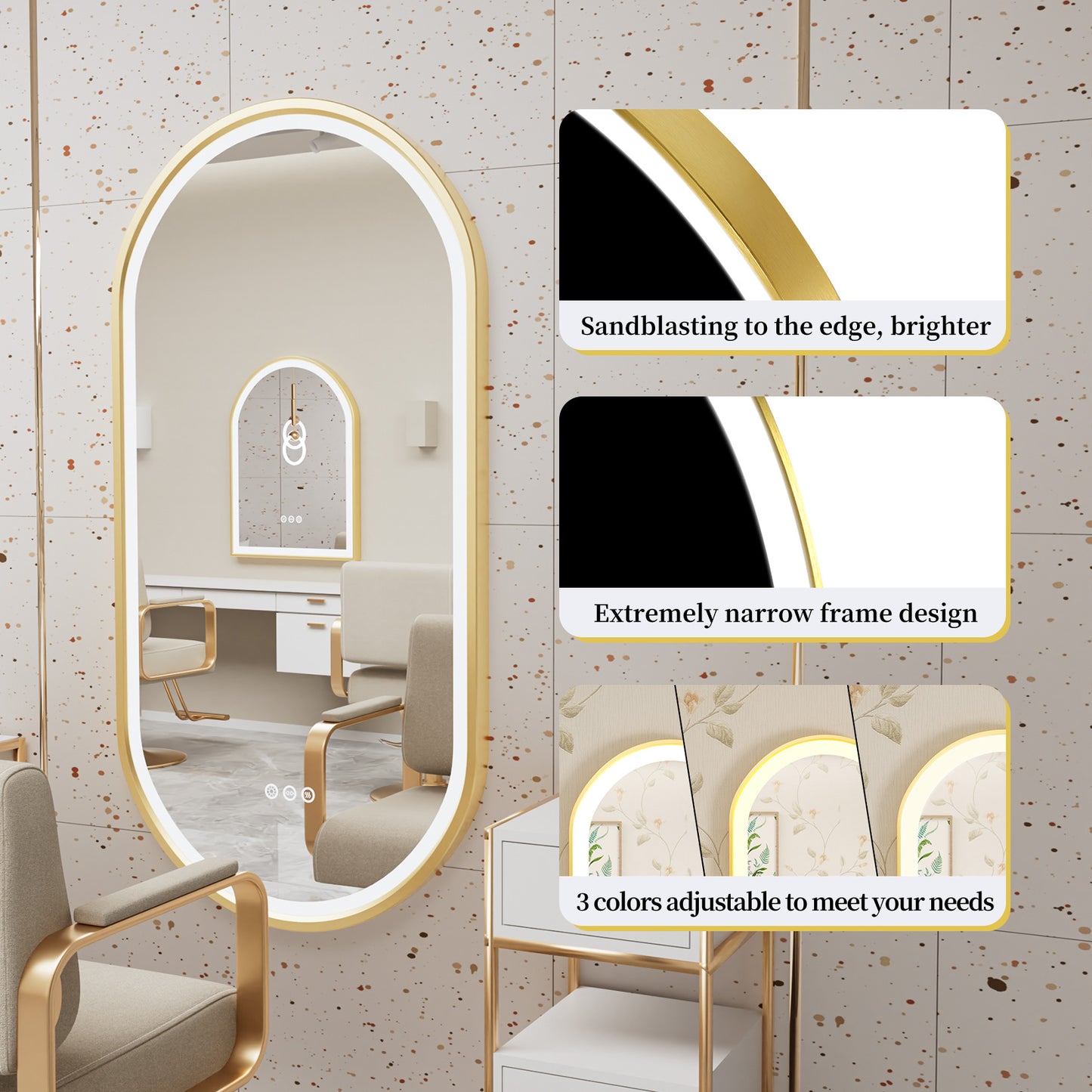 LUVODI Capsule Shape LED Bathroom Mirror with Gold Aluminum Alloy Narrow Frame Defogging 3 Color