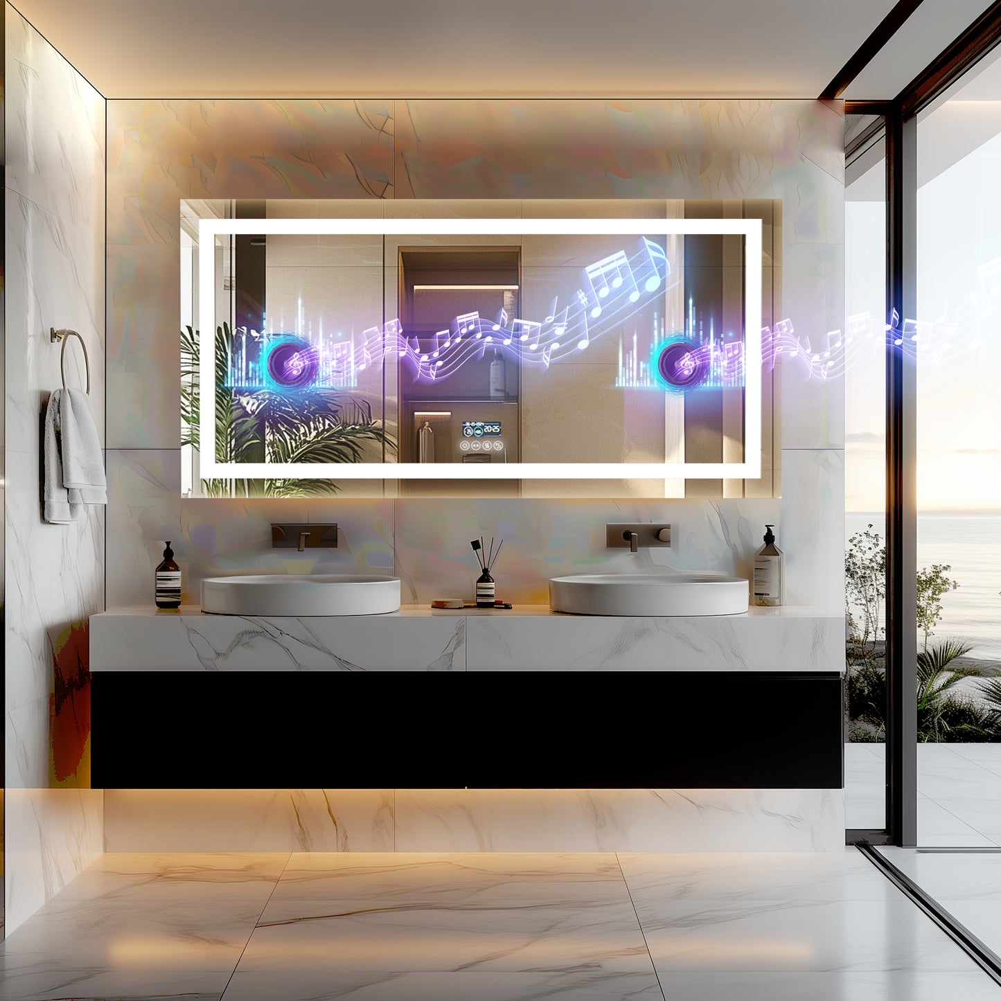 LUVODI LED Rectangular Bluetooth Mirror with Samrt Display Horizontal Hanging