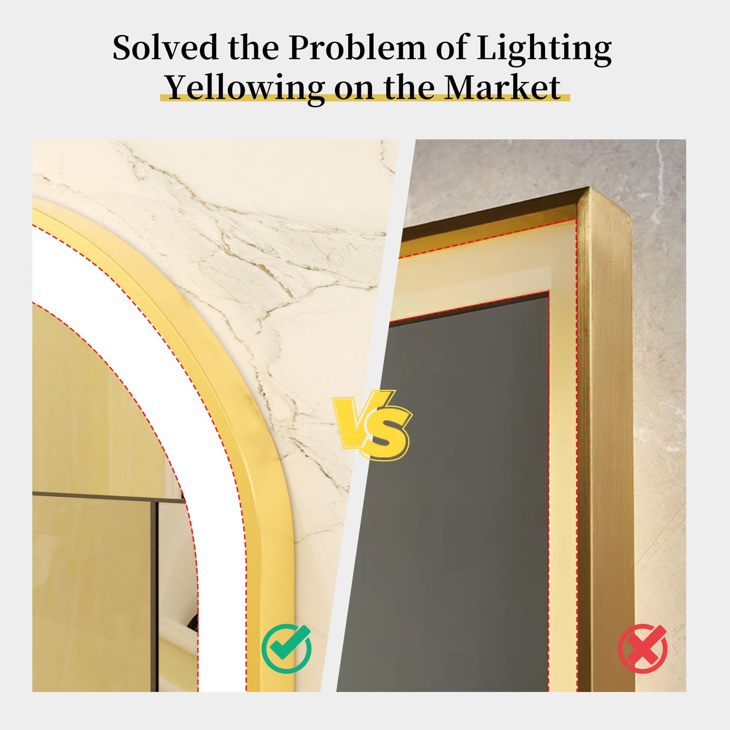 LUVODI Capsule Shape LED Bathroom Mirror with Gold Aluminum Alloy Narrow Frame Defogging 3 Color