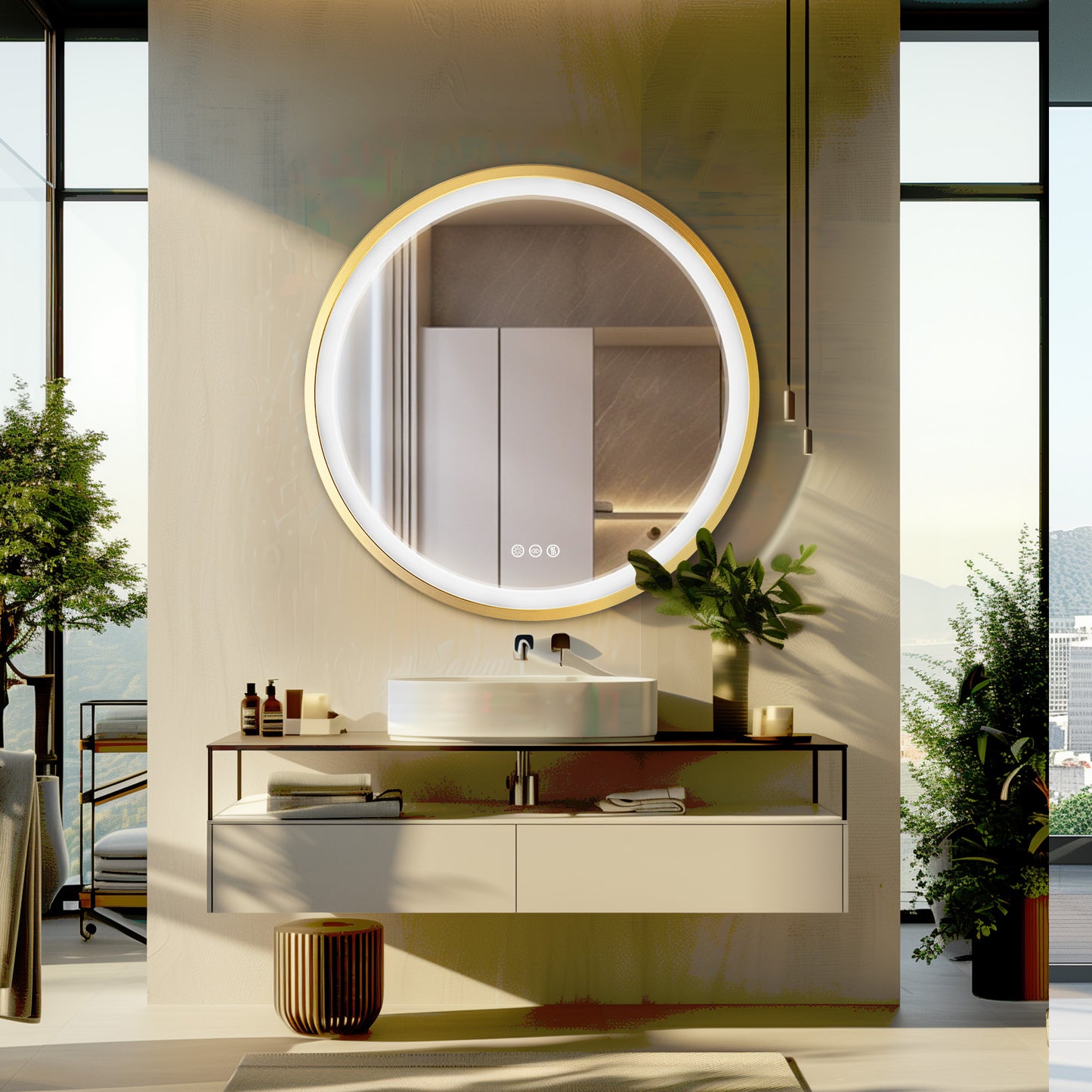 LUVODI Round LED Bathroom Mirror with Gold Aluminum Alloy Frame Sand to the Edge Mirror
