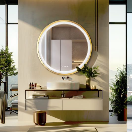 LUVODI Round LED Bathroom Mirror with Gold Aluminum Alloy Frame Sand to the Edge Mirror