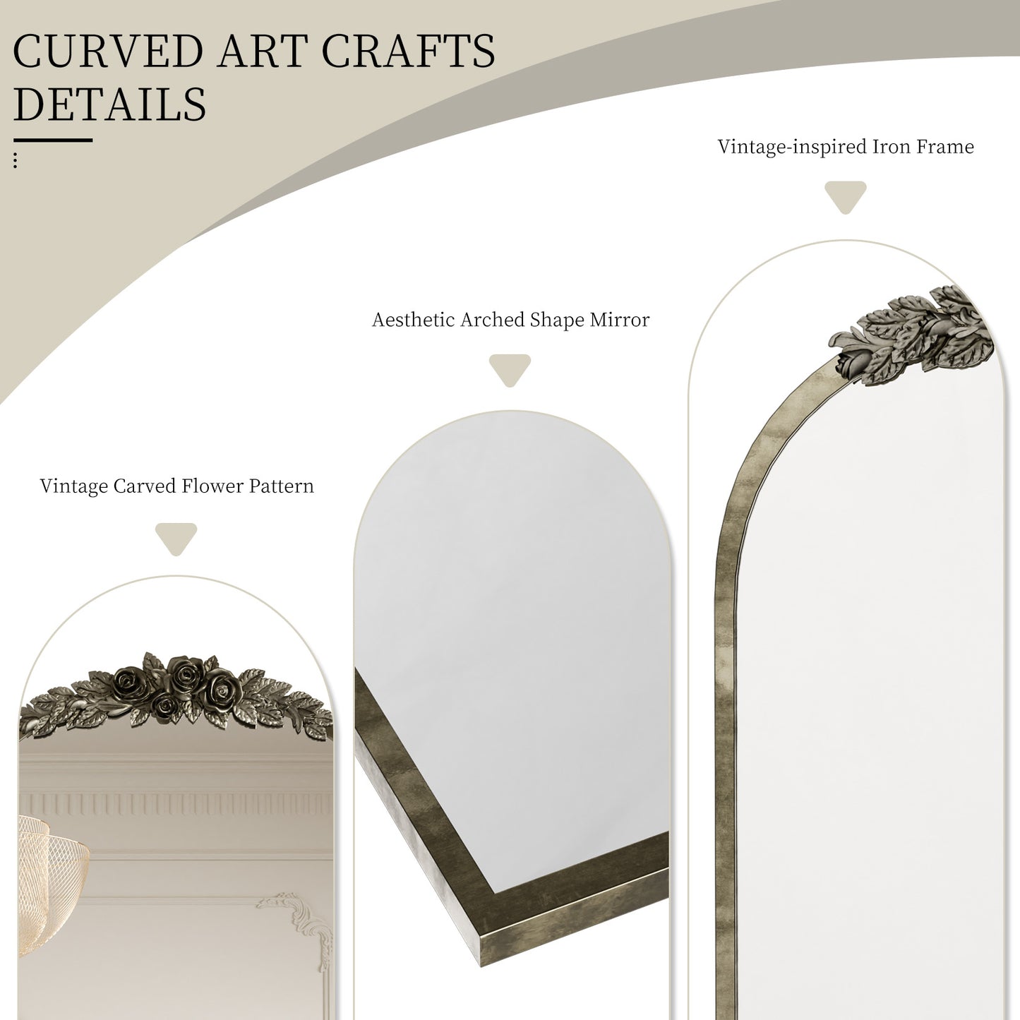 Vintage Arched Art Mirror with Flower Relief Frame for Living Room, Fireplace, 23.8”x36”