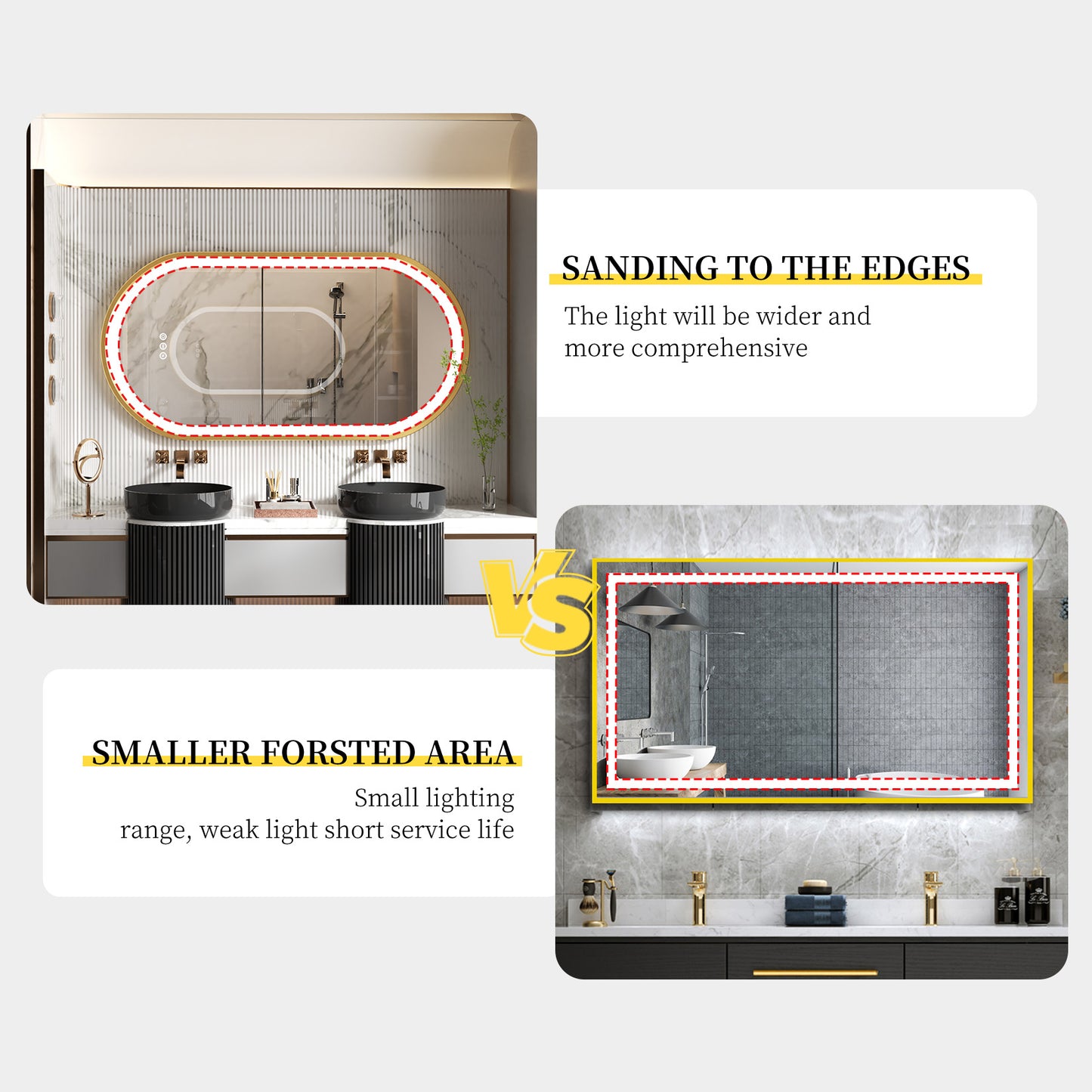 LUVODI Capsule Shape LED Bathroom Mirror with Gold Aluminum Alloy Narrow Frame Defogging 3 Color