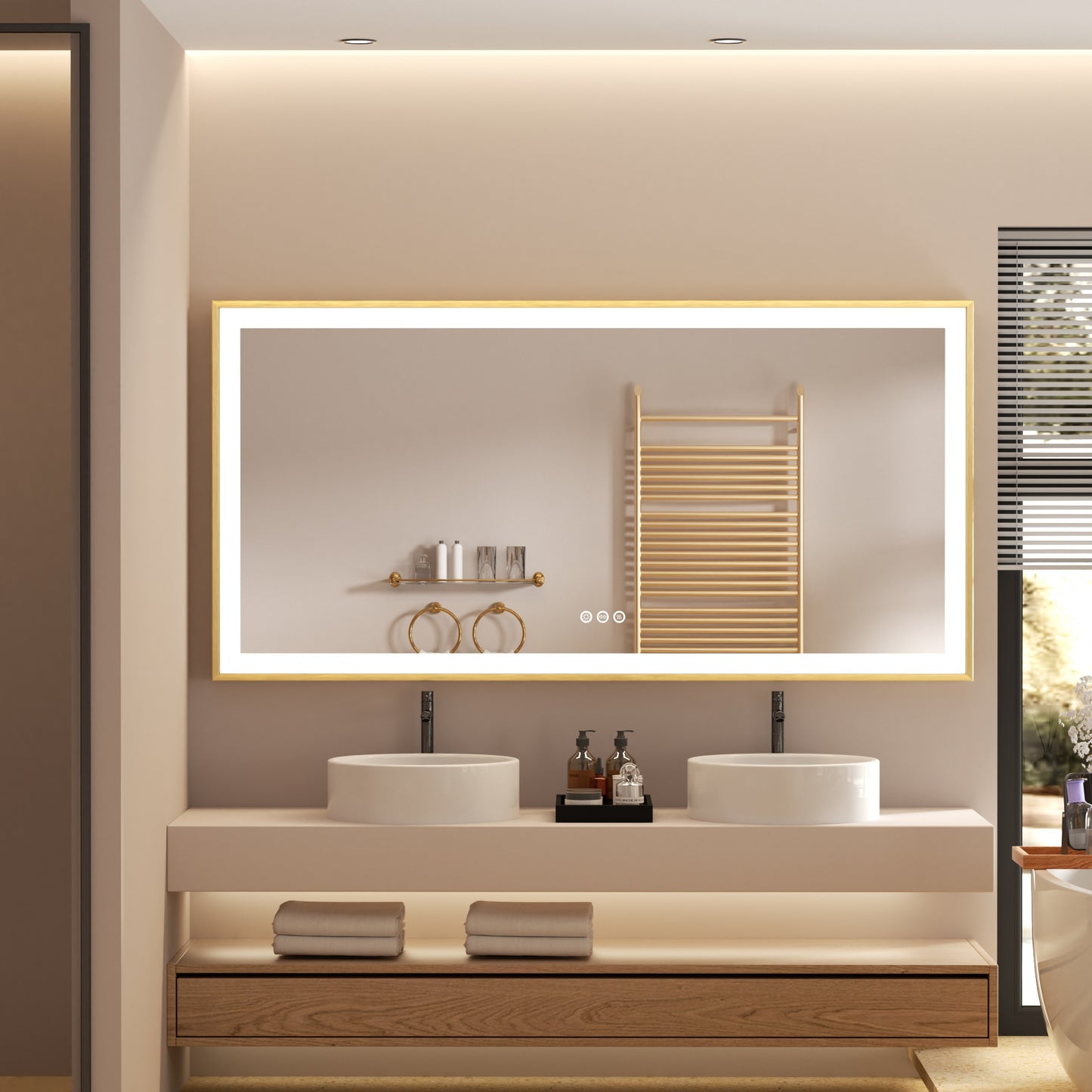 LUVODI Rctangular LED Bathroom Mirror with Gold Aluminum Alloy Narrow Frame Defogging 3 Color