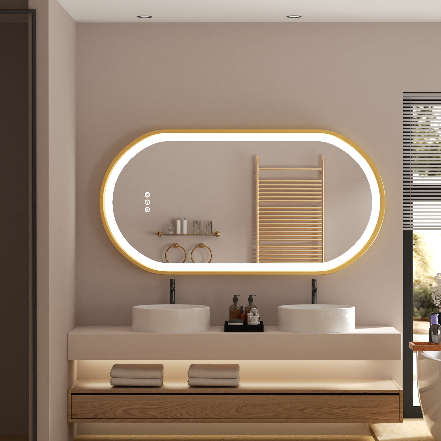 LUVODI Capsule Shape LED Bathroom Mirror with Gold Aluminum Alloy Narrow Frame Defogging 3 Color