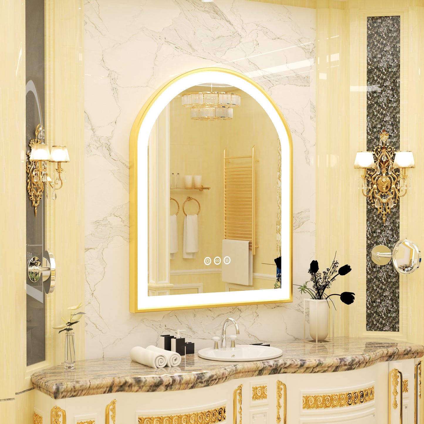 LUVODI Arched LED Bathroom Mirror with Gold Aluminum Alloy Narrow Frame Defogging 3 Color