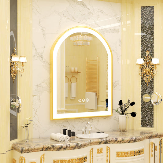 LUVODI Arched LED Bathroom Mirror with Gold Aluminum Alloy Narrow Frame Defogging 3 Color