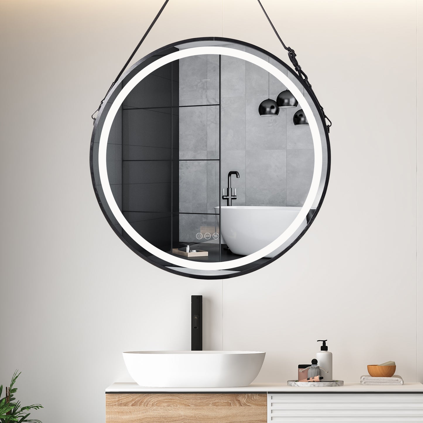 LUVODI Round LED Bathroom Mirror with Black Frame for Bathroom Bedroom Entryway