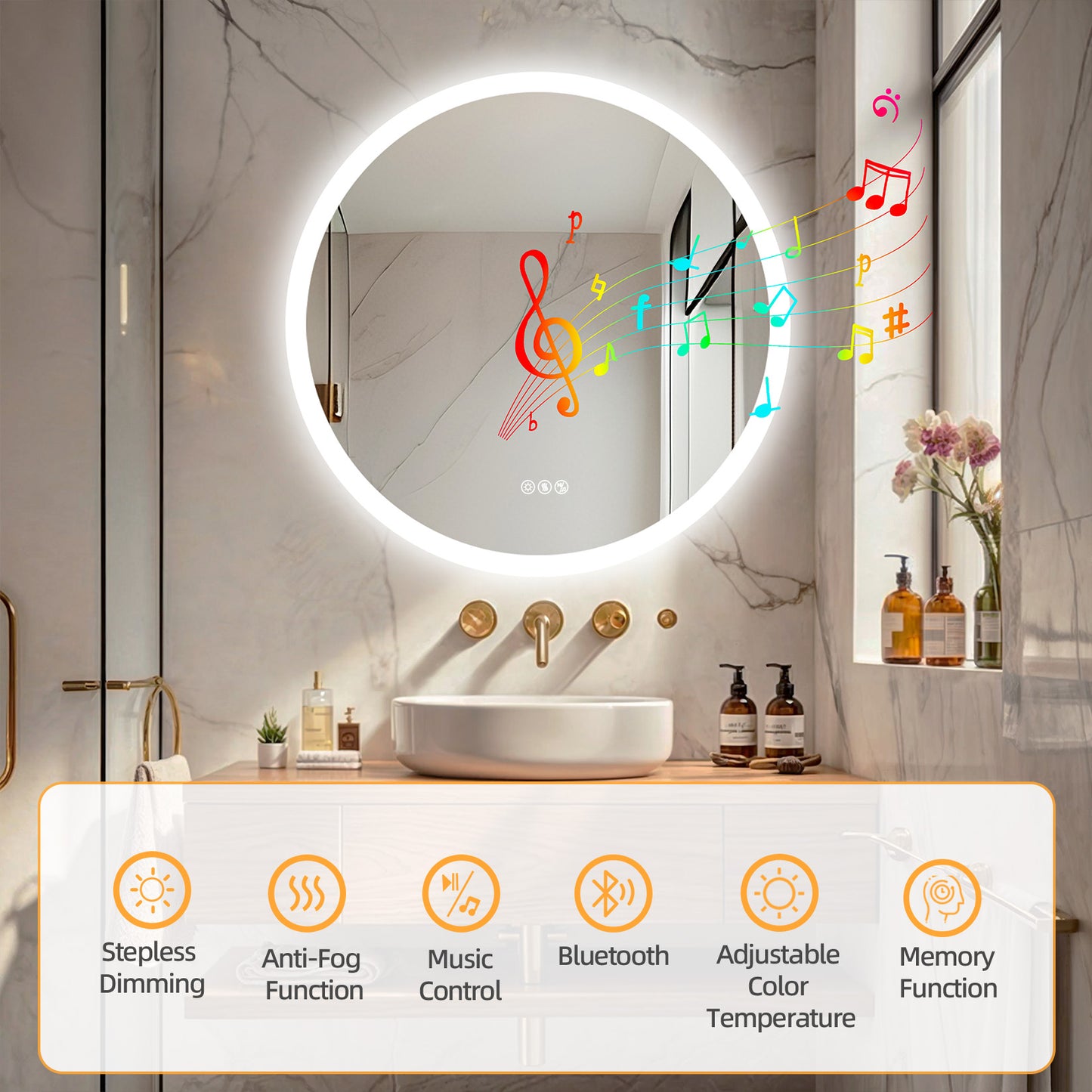 LUVODI Round Bluetooth Bathroom Mirror with Speaker, No Display 31.5 in
