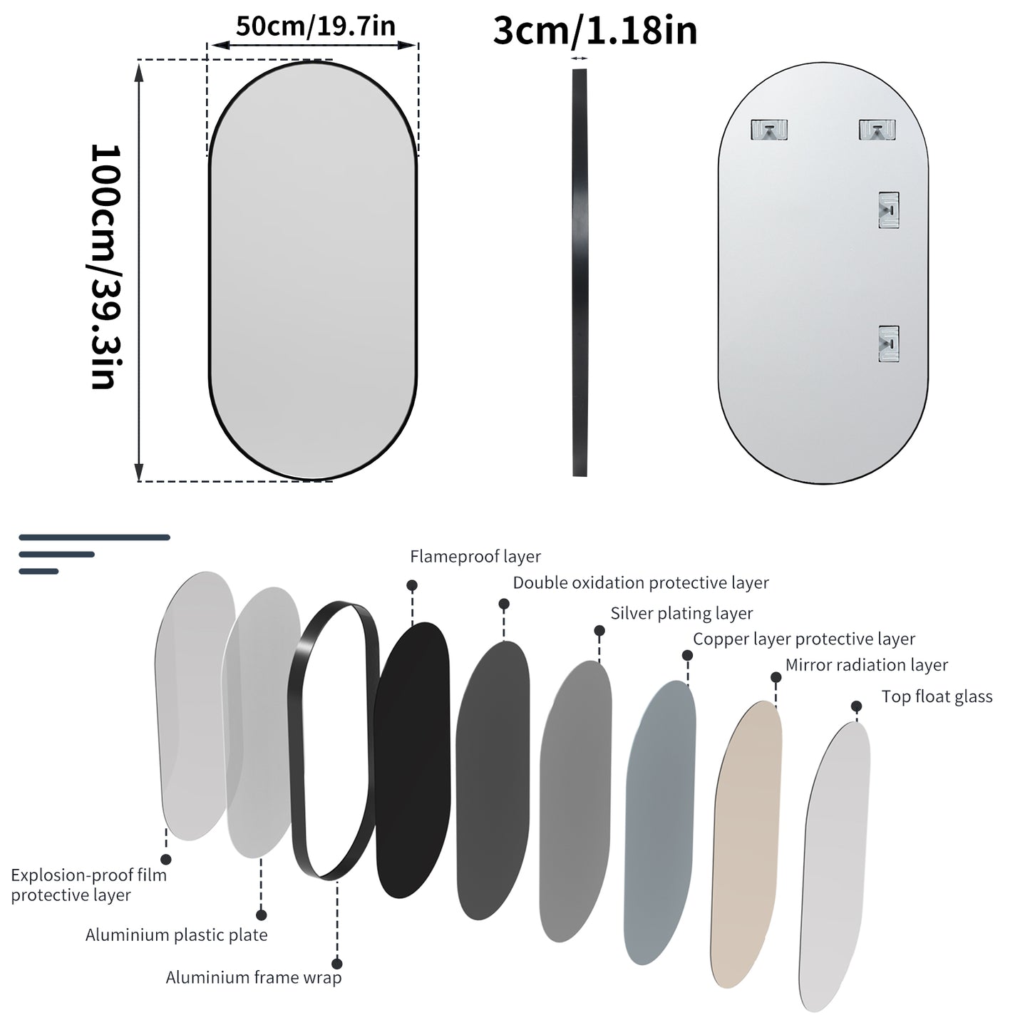LUVODI 100x50cm Oval Wall-mounted Vanity Mirror Metal Frame Accent Mirror for Bathroom, Entryway