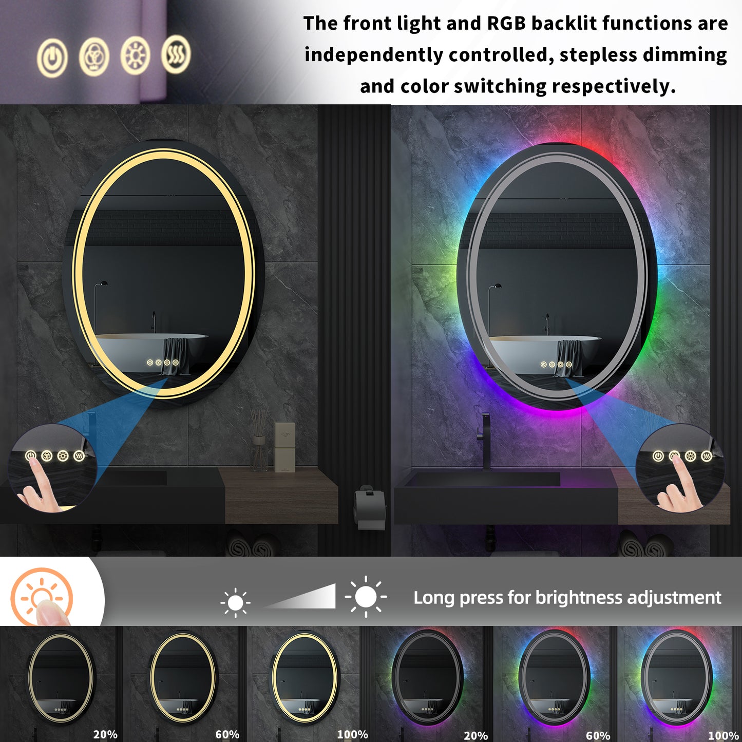 LUVODI 60x80cm Oval LED Bathroom Mirror with 8 RGB Backlit 3 Front Light Color Smart Defogging TouchCRI>90