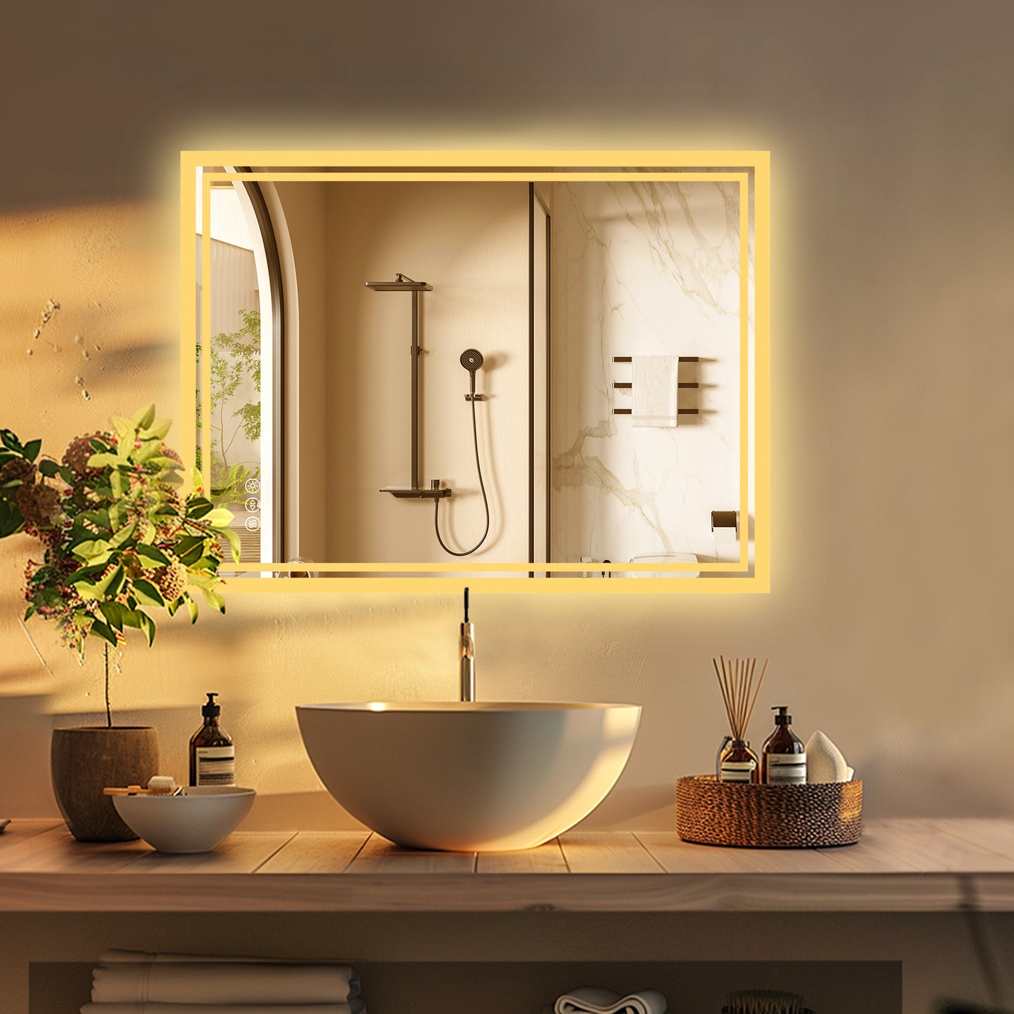 LUVODI Rectangular LED Bathroom Mirror 3Color Defogging Smart Mirror(Glowing Outer Edge)