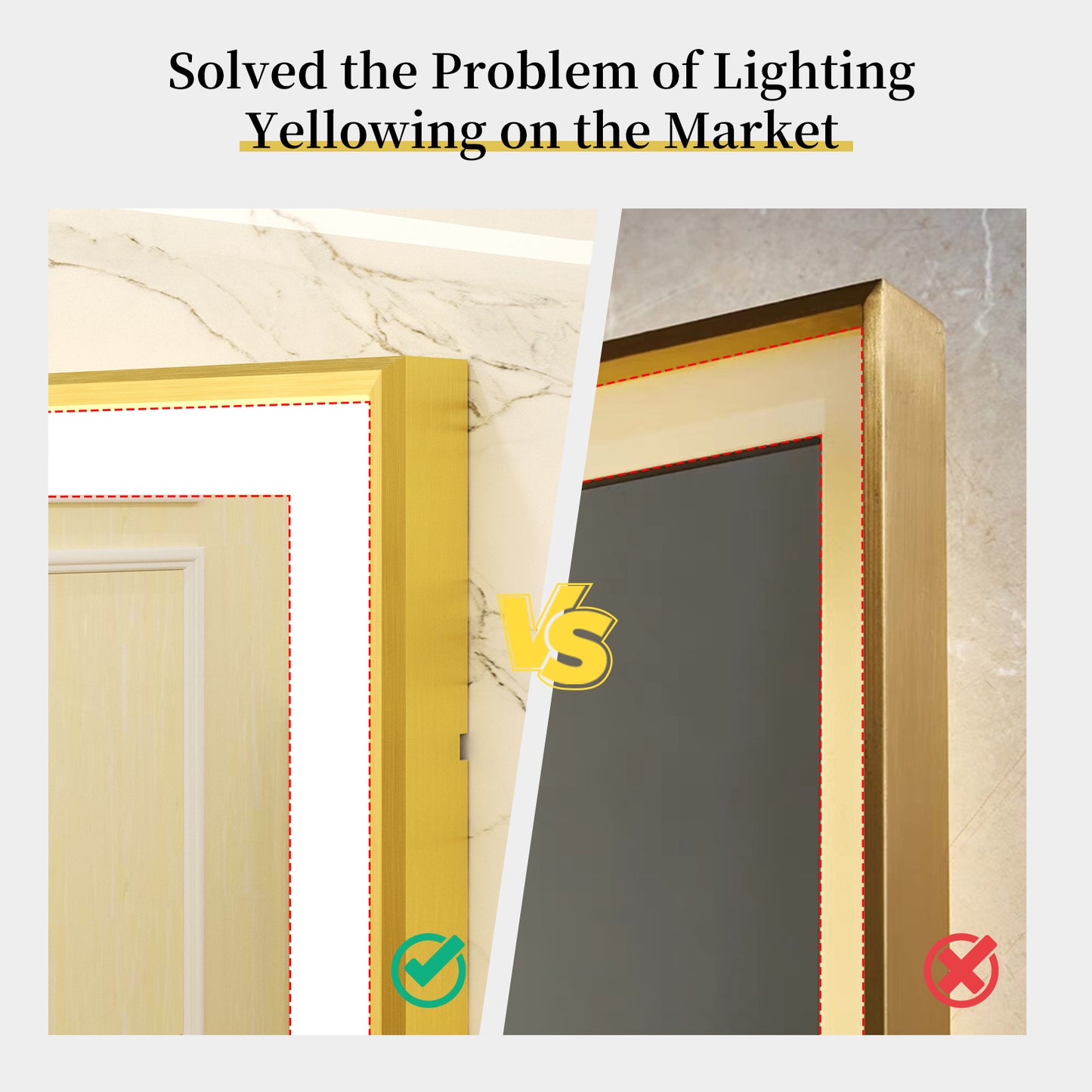 LUVODI Rctangular LED Bathroom Mirror with Gold Aluminum Alloy Narrow Frame Defogging 3 Color