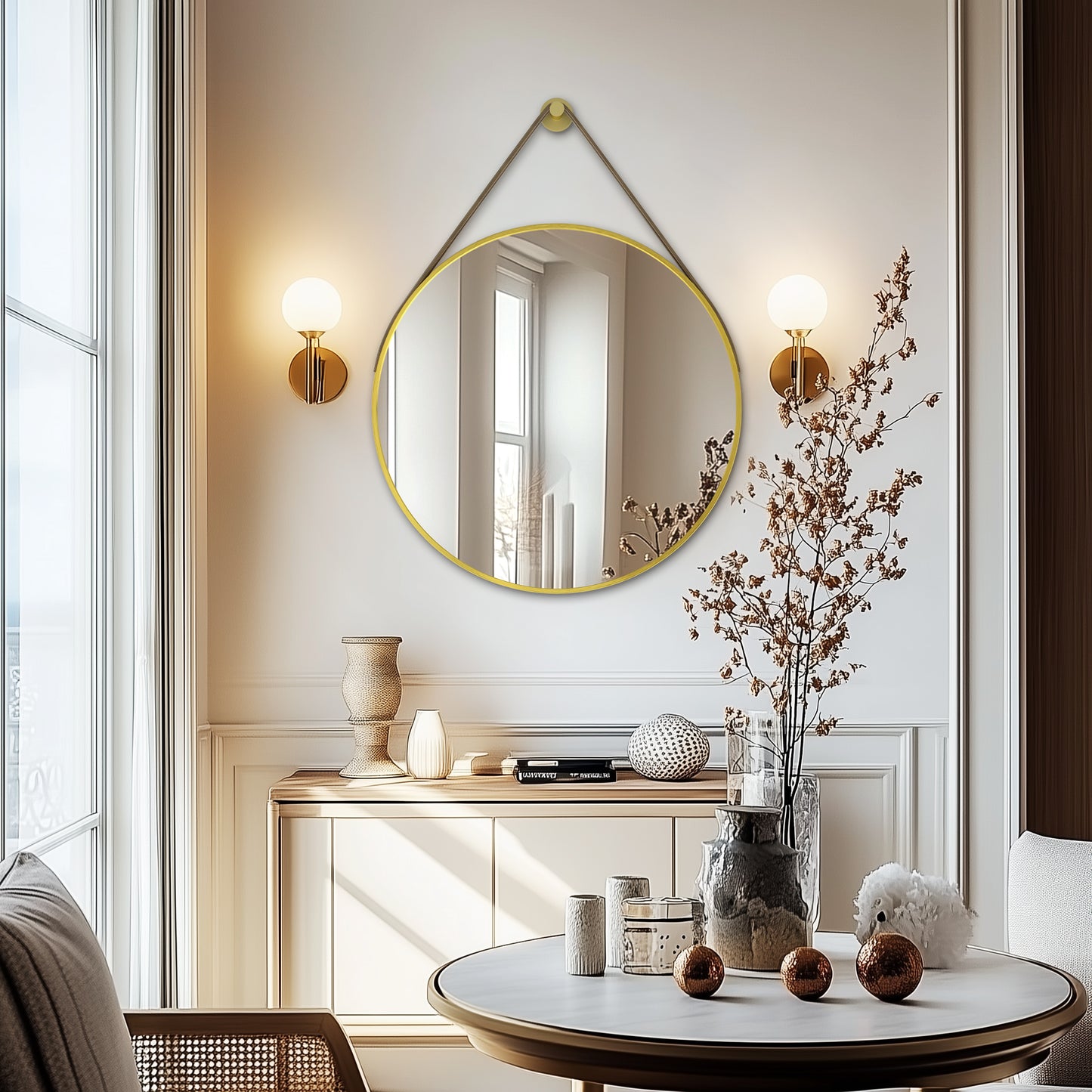 Gold Round Mirror With Hanging Rope For Living Room, Bedroom, Entryway