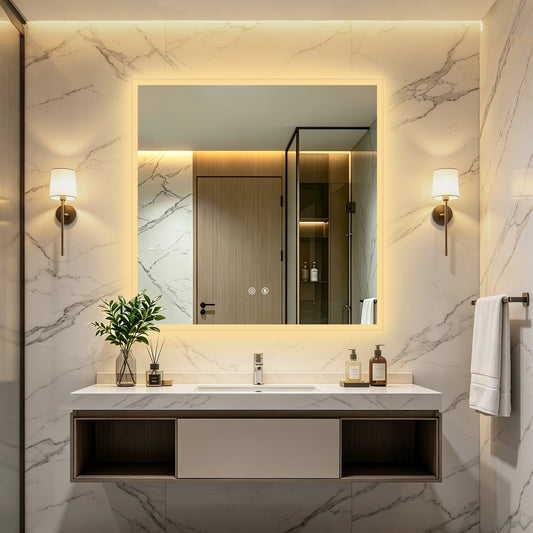 LUVODI LED Square Bathroom Mirror, Tempered Glass Lighted Vanity Mirror(Growing Outer Edge)