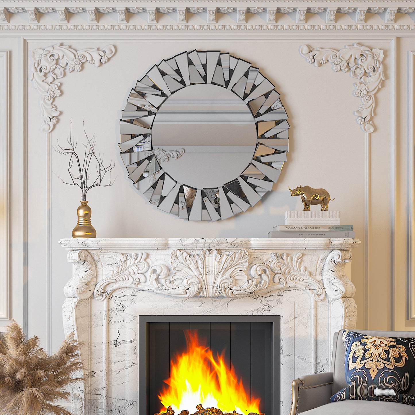31.5” Round Wall-mounted Sunburst Mirror Silver Glass Accent Mirror for Living Room