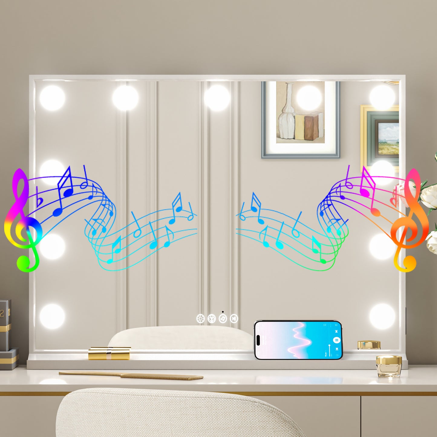 LUVODI Hollywood Vanity Mirror with Lights and Bluetooth Speakers, 32x24in