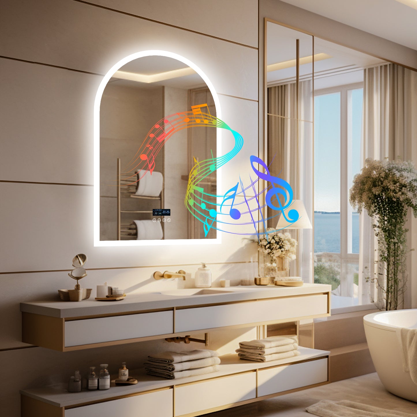 LUVODI Arched Bathroom Mirror with Bluetooth Speaker, Elegant Arch LED Lighted Bathroom Mirror 600x900mm
