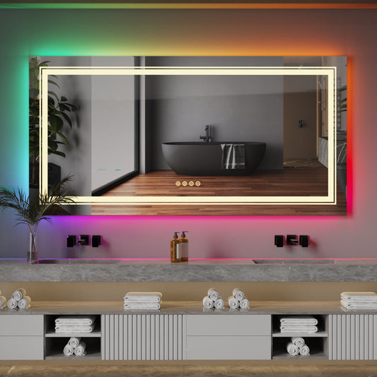 LUVODI Rectangular LED Bathroom Mirror with 8 RGB Backlit 3 Front Light Color Smart Defogging Touch
