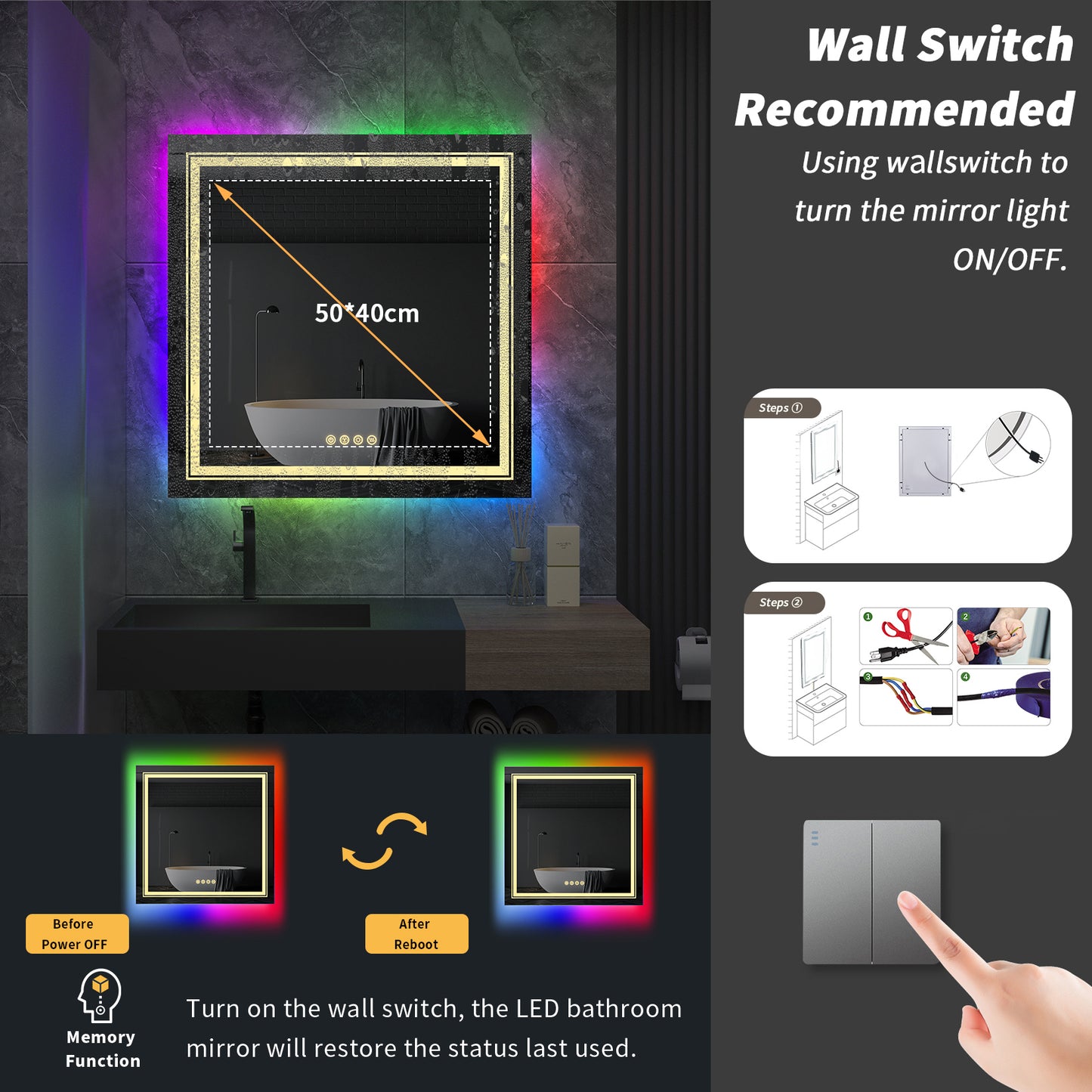 LUVODI 80x80cm Square LED Bathroom Mirror with 8 RGB Backlit 3 Front Light Color Smart Defogging Touch