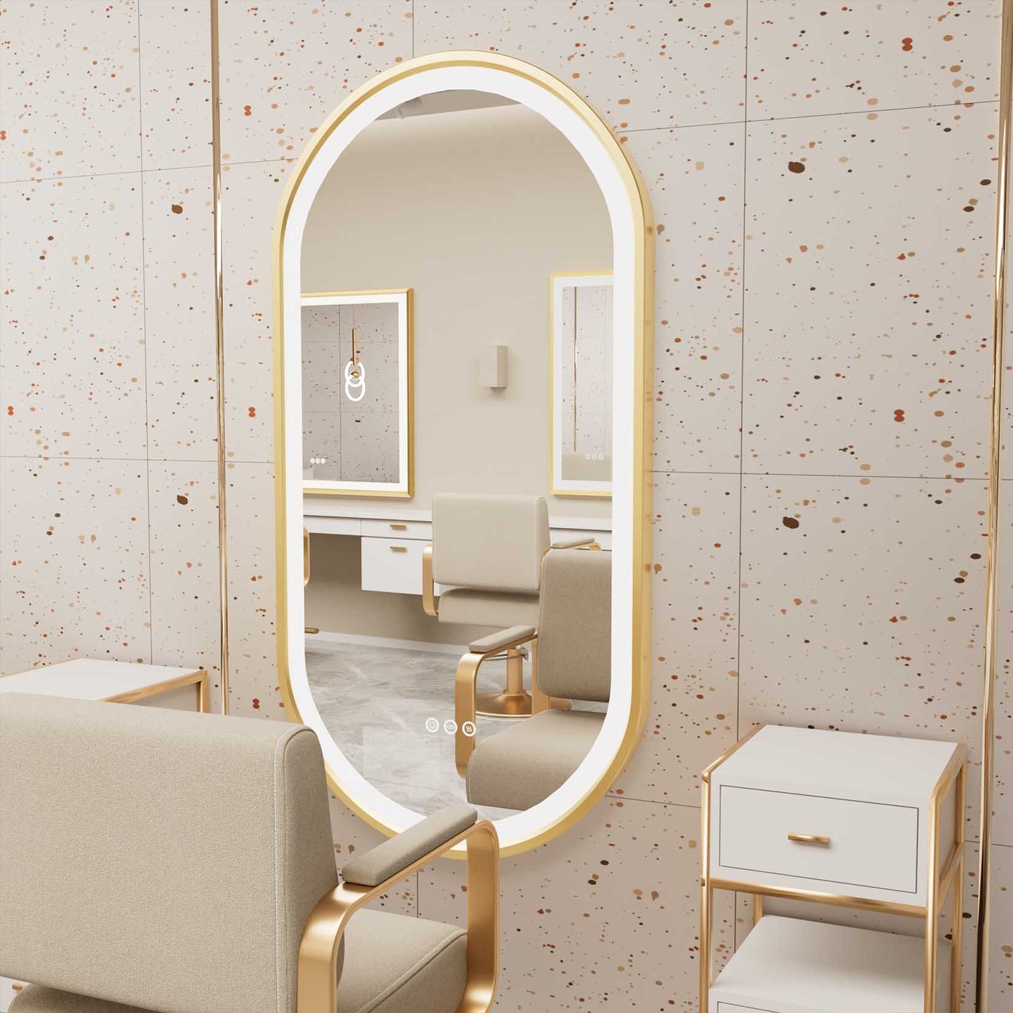 LUVODI Capsule Shape LED Bathroom Mirror with Gold Aluminum Alloy Narrow Frame Defogging 3 Color